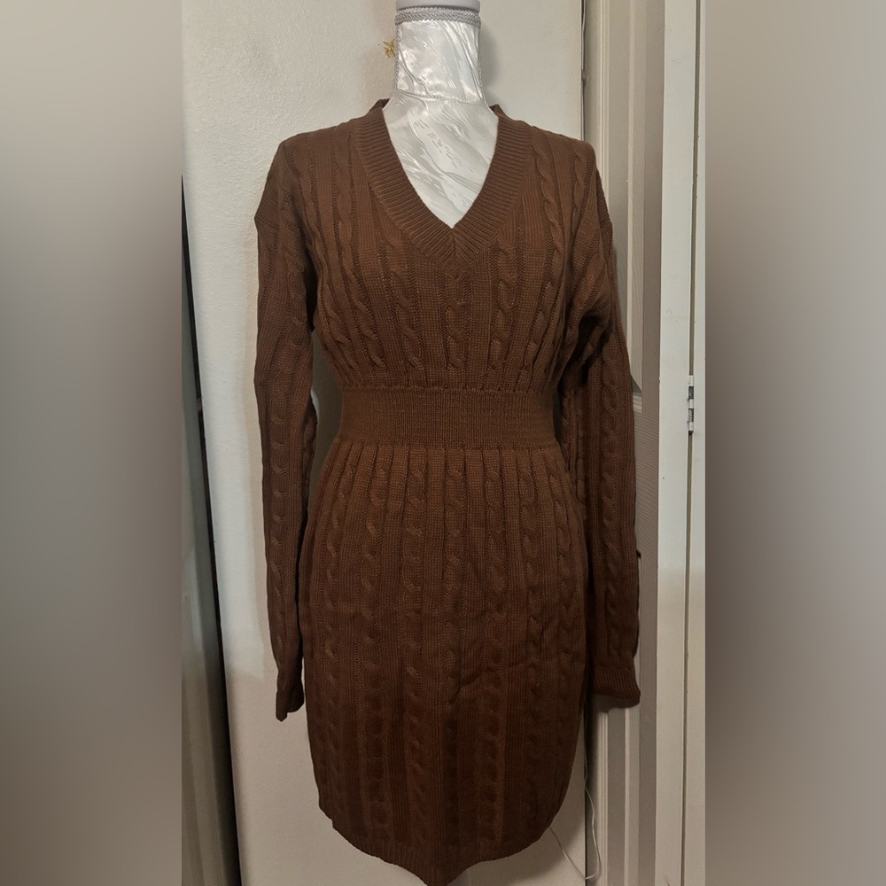 Brown Cable Knit Sweater Dress